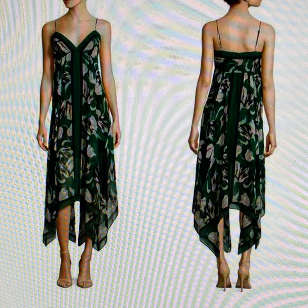 BCBG MAXARZRIA Isabel Asymmetrical Print in Emerald & Navy size XXS